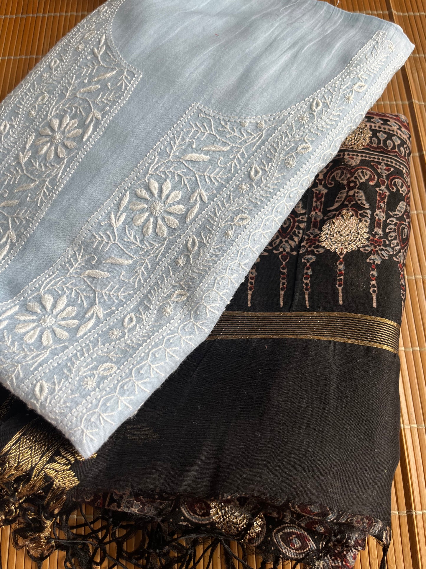 Chikankari kurta ajrakh Dupatta