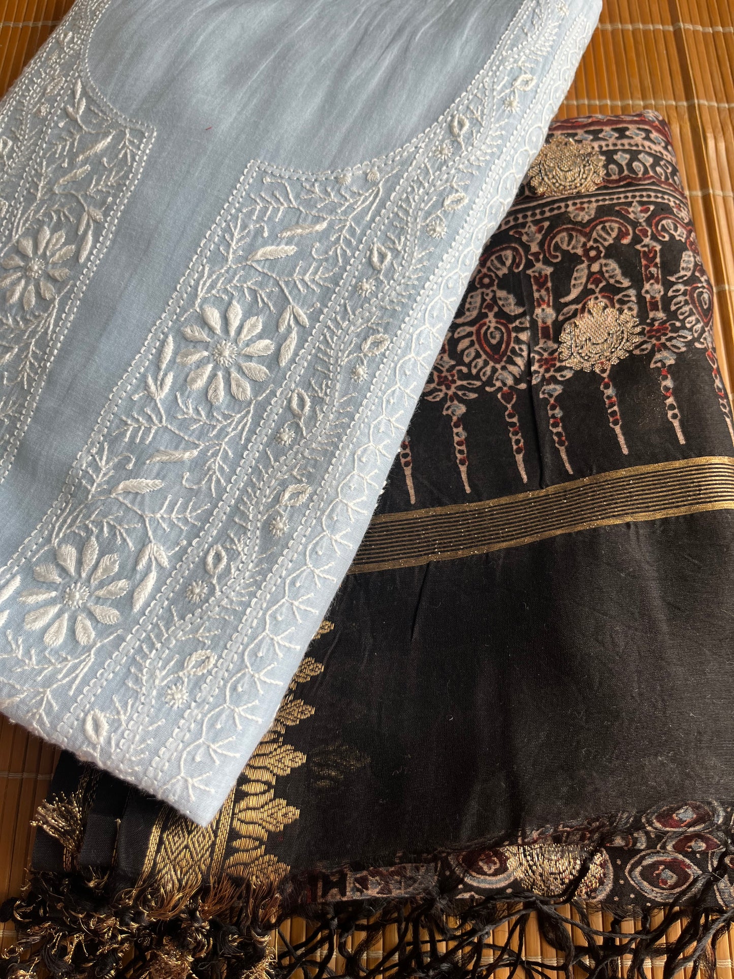 Chikankari kurta ajrakh Dupatta