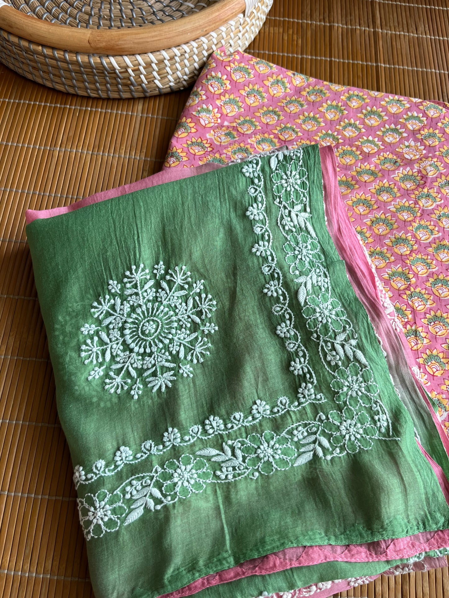 Chikankari Dupatta and Block print kurta Fabric