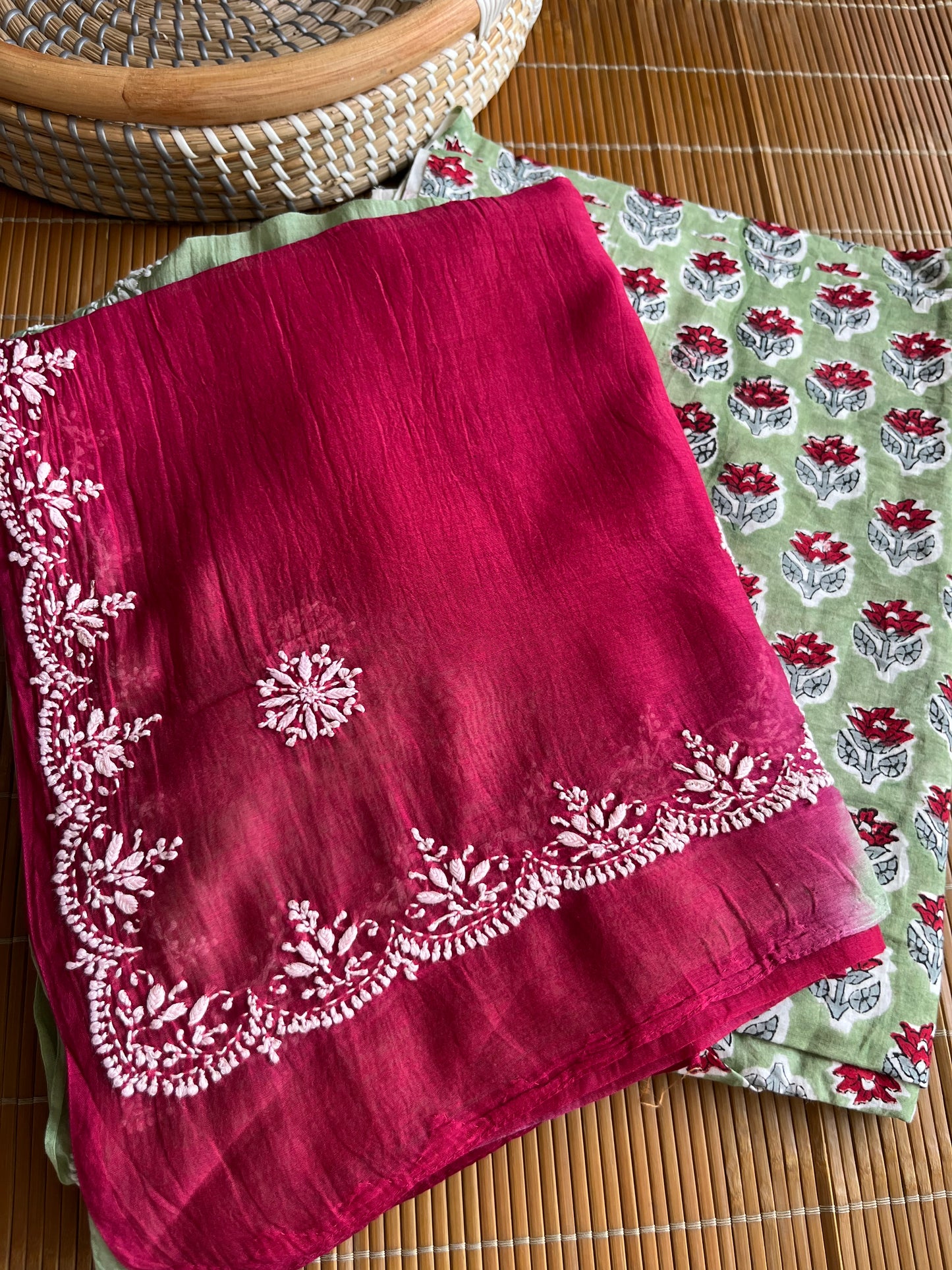 Chikankari Dupatta and Block print kurta Fabric