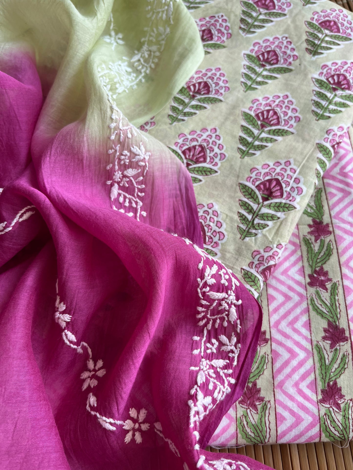 Chikankari Dupatta and Block print kurta Fabric