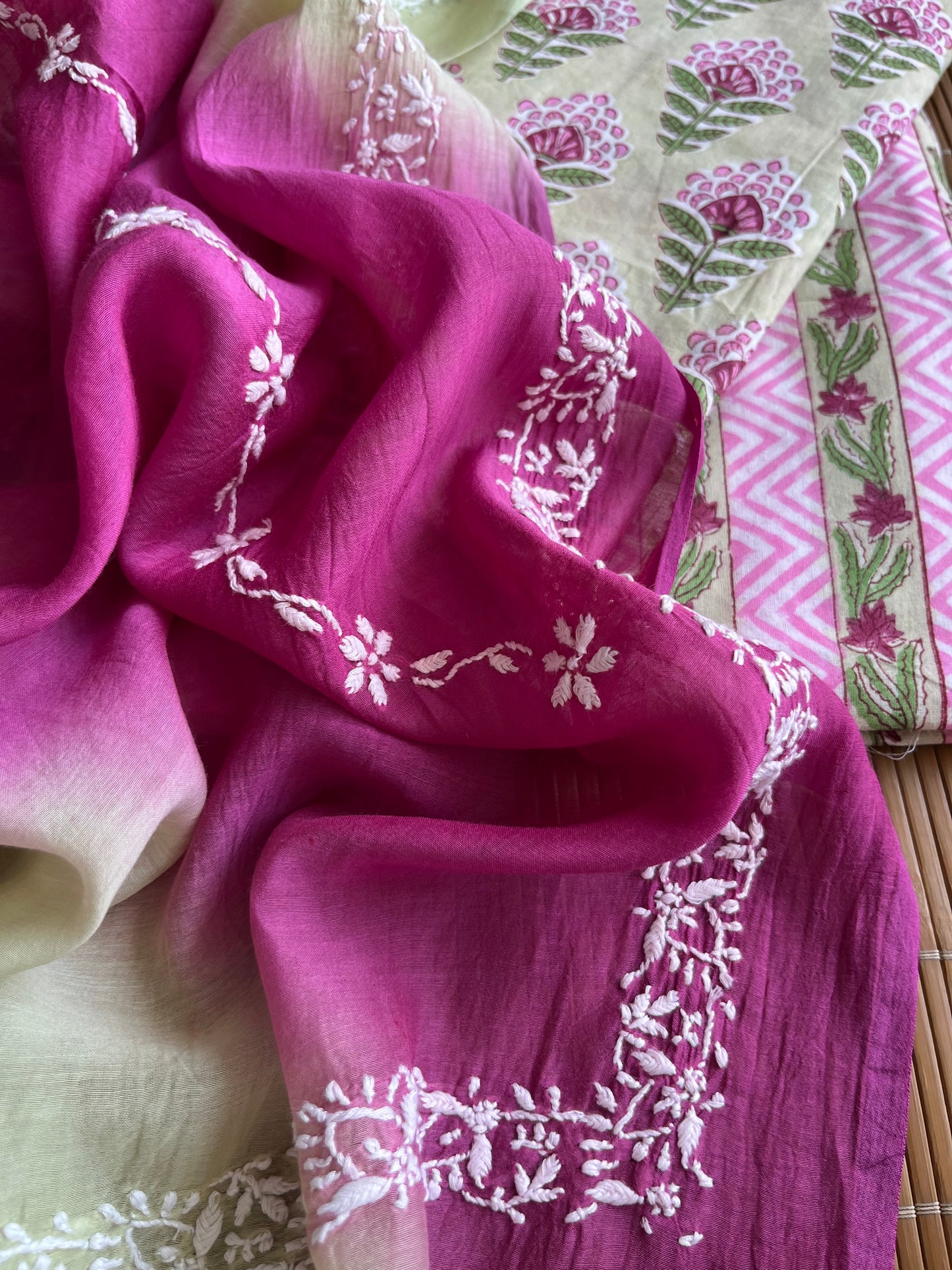 Chikankari Dupatta and Block print kurta Fabric