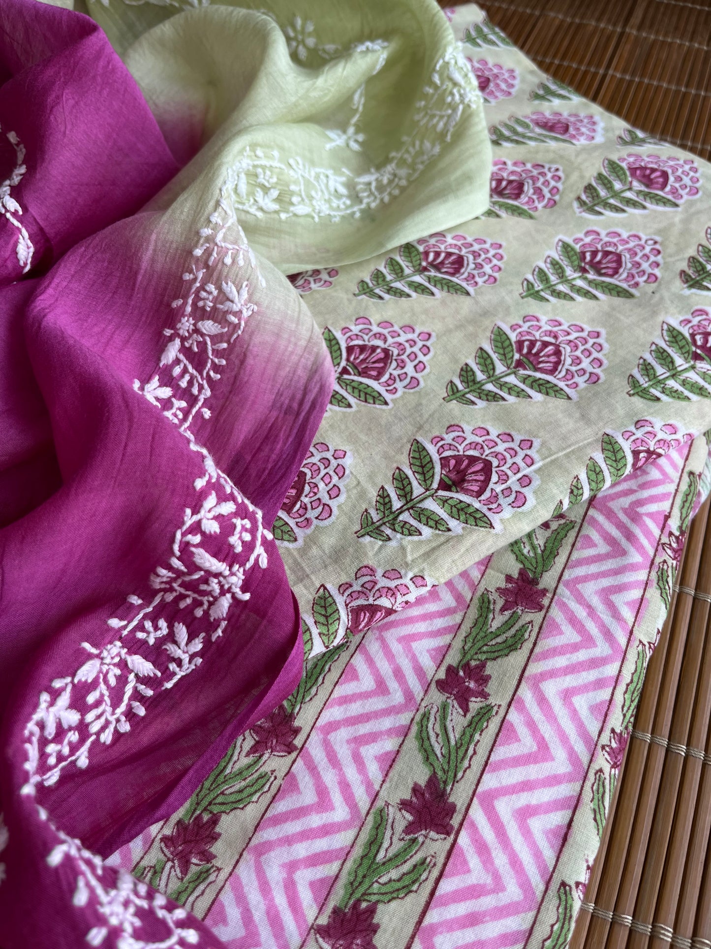 Chikankari Dupatta and Block print kurta Fabric