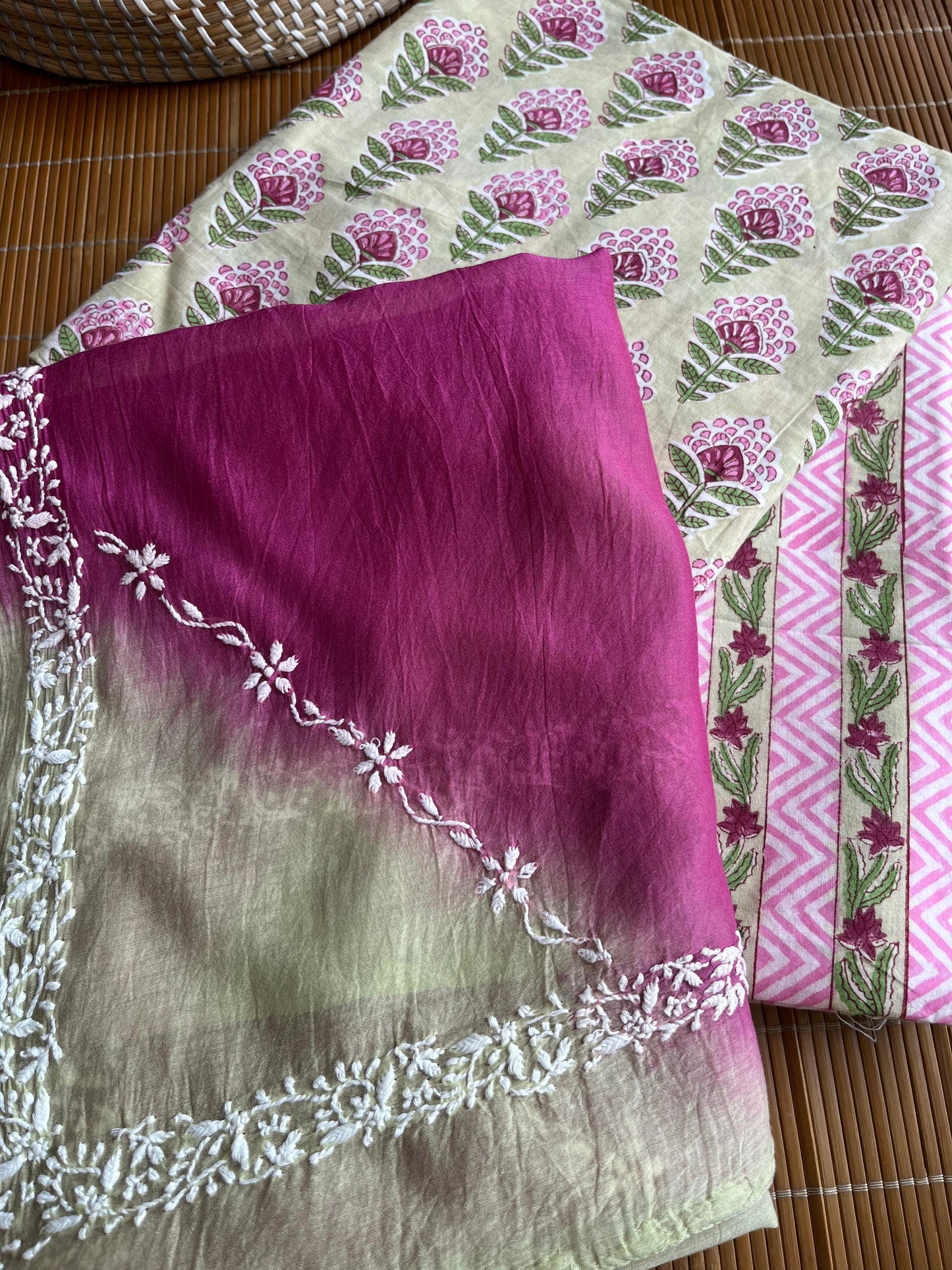 Chikankari Dupatta and Block print kurta Fabric