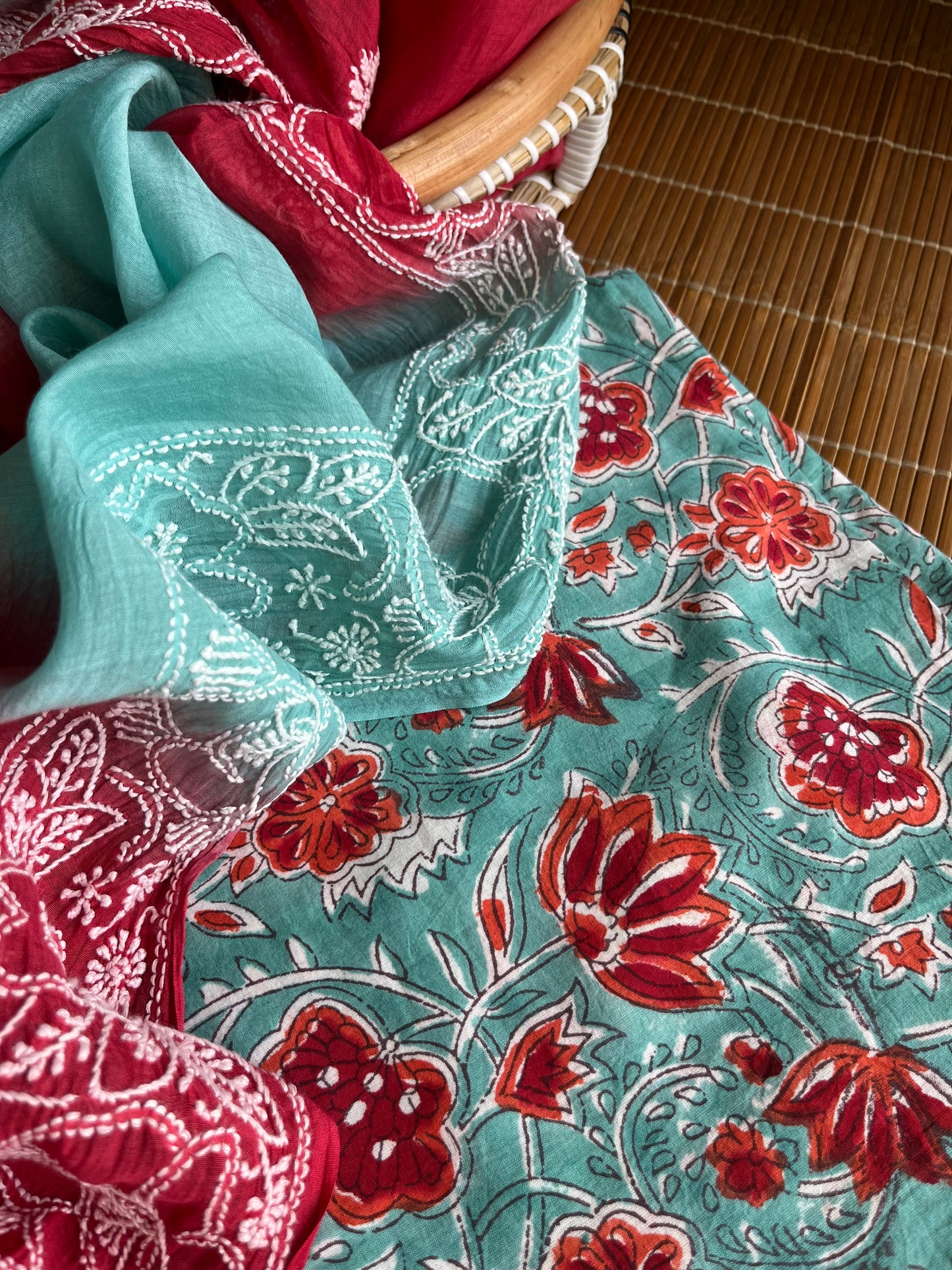 Chikankari Dupatta and Block print kurta Fabric