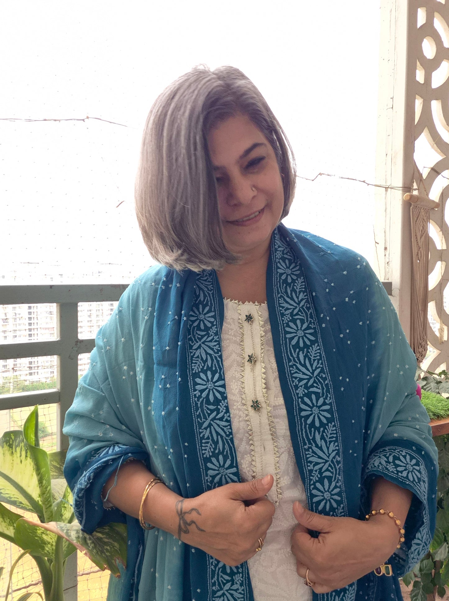 Georgette Bandhani chikankari Dupatta