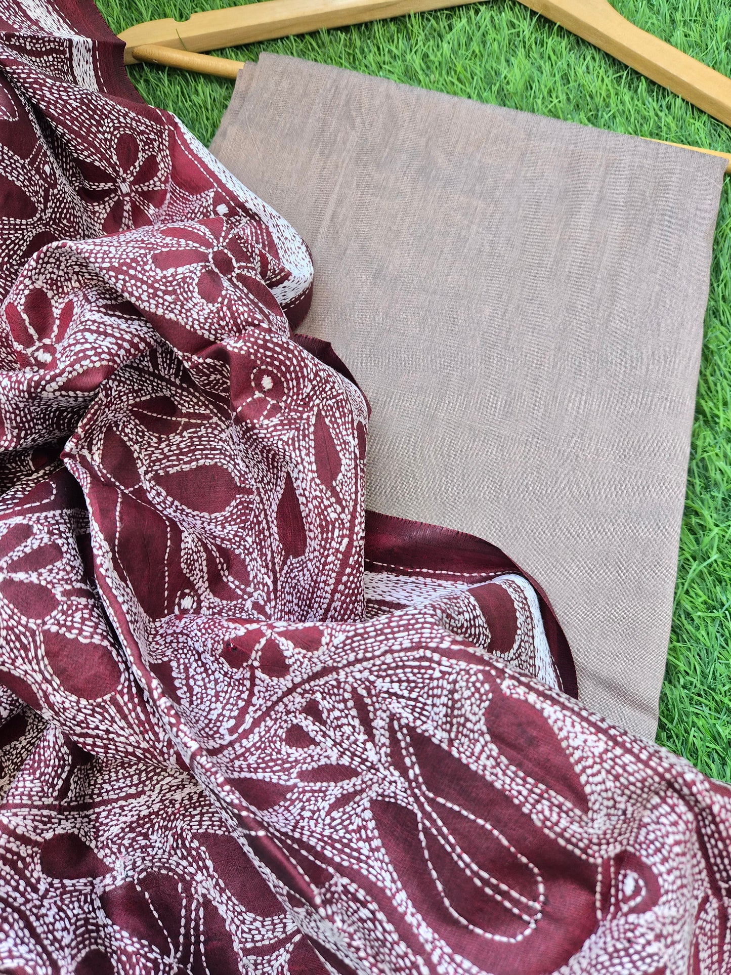 Silk Kantha Dupatta with cotton silk kurta Bottom fabric