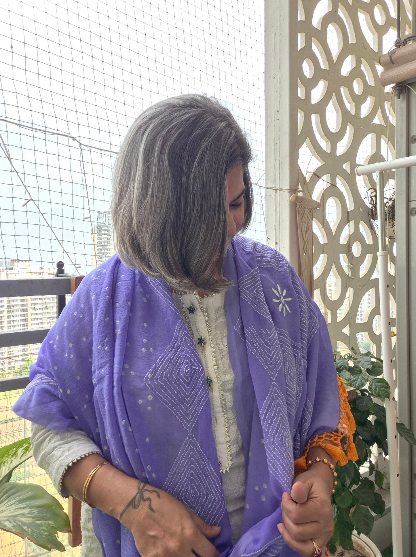 Georgette Bandhani chikankari Dupatta