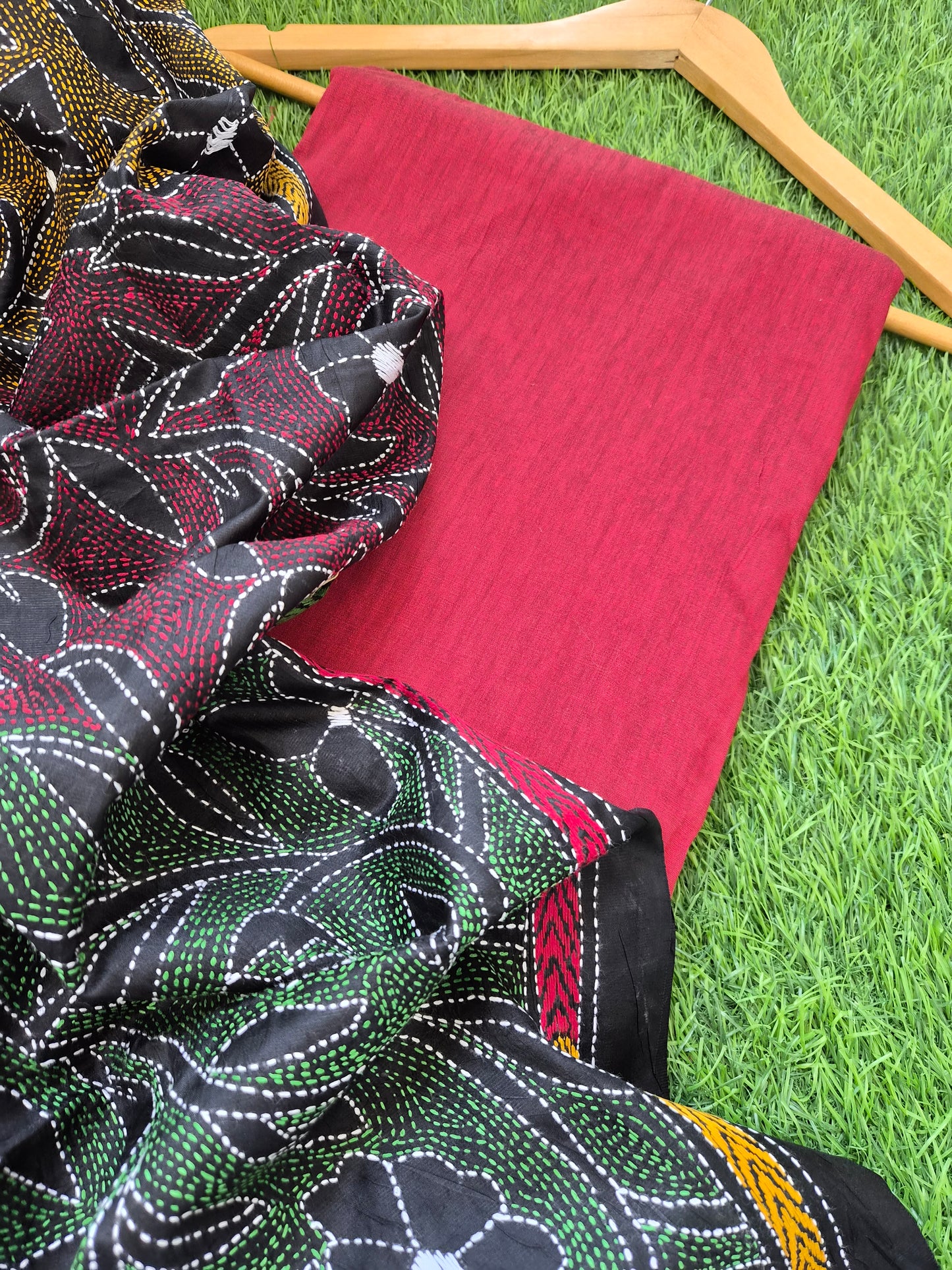 Silk Kantha Dupatta with cotton silk kurta Bottom fabric