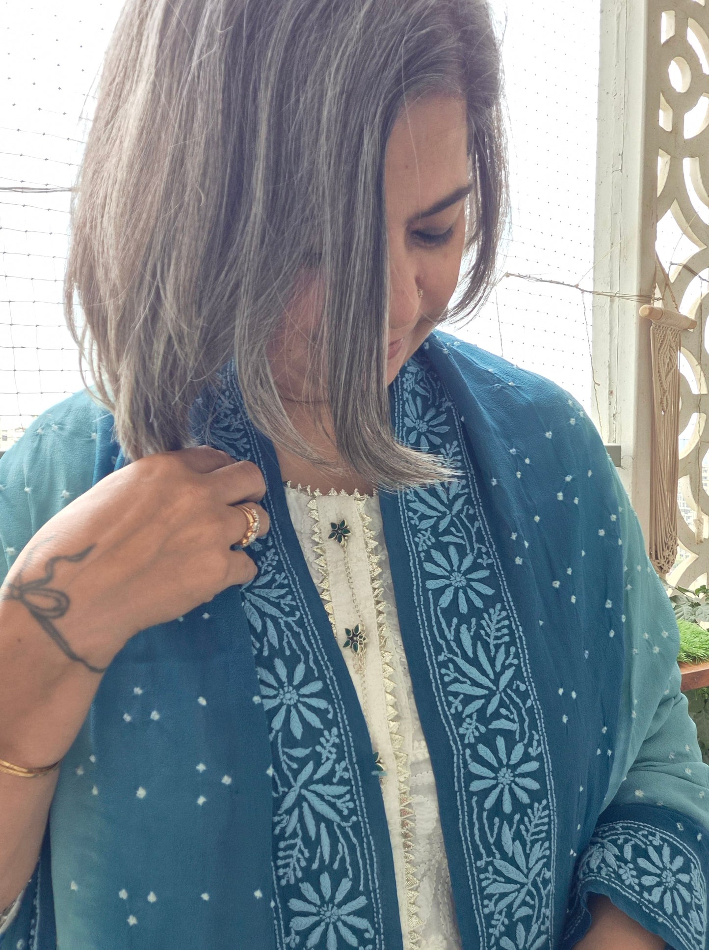 Georgette Bandhani chikankari Dupatta