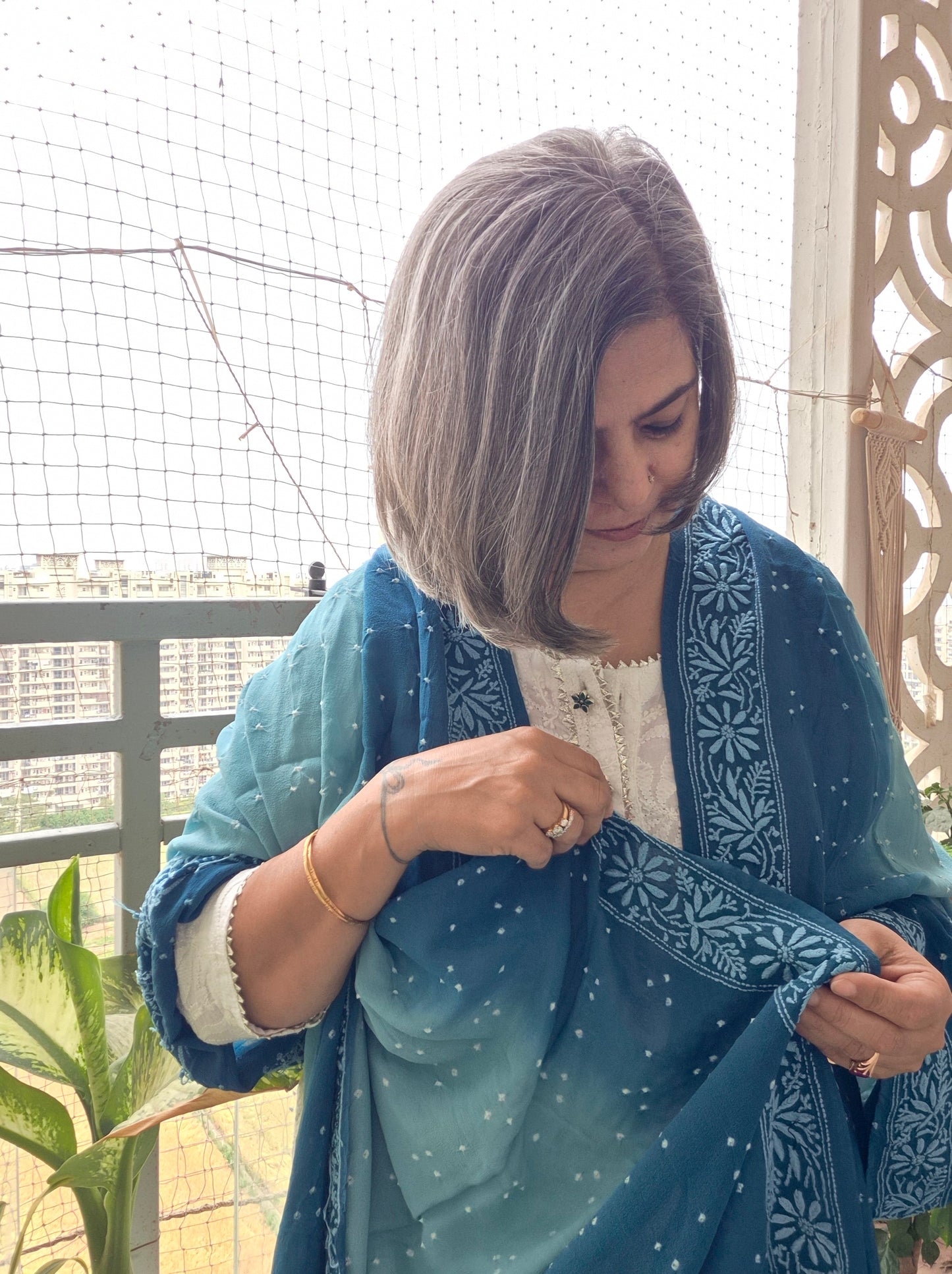Georgette Bandhani chikankari Dupatta