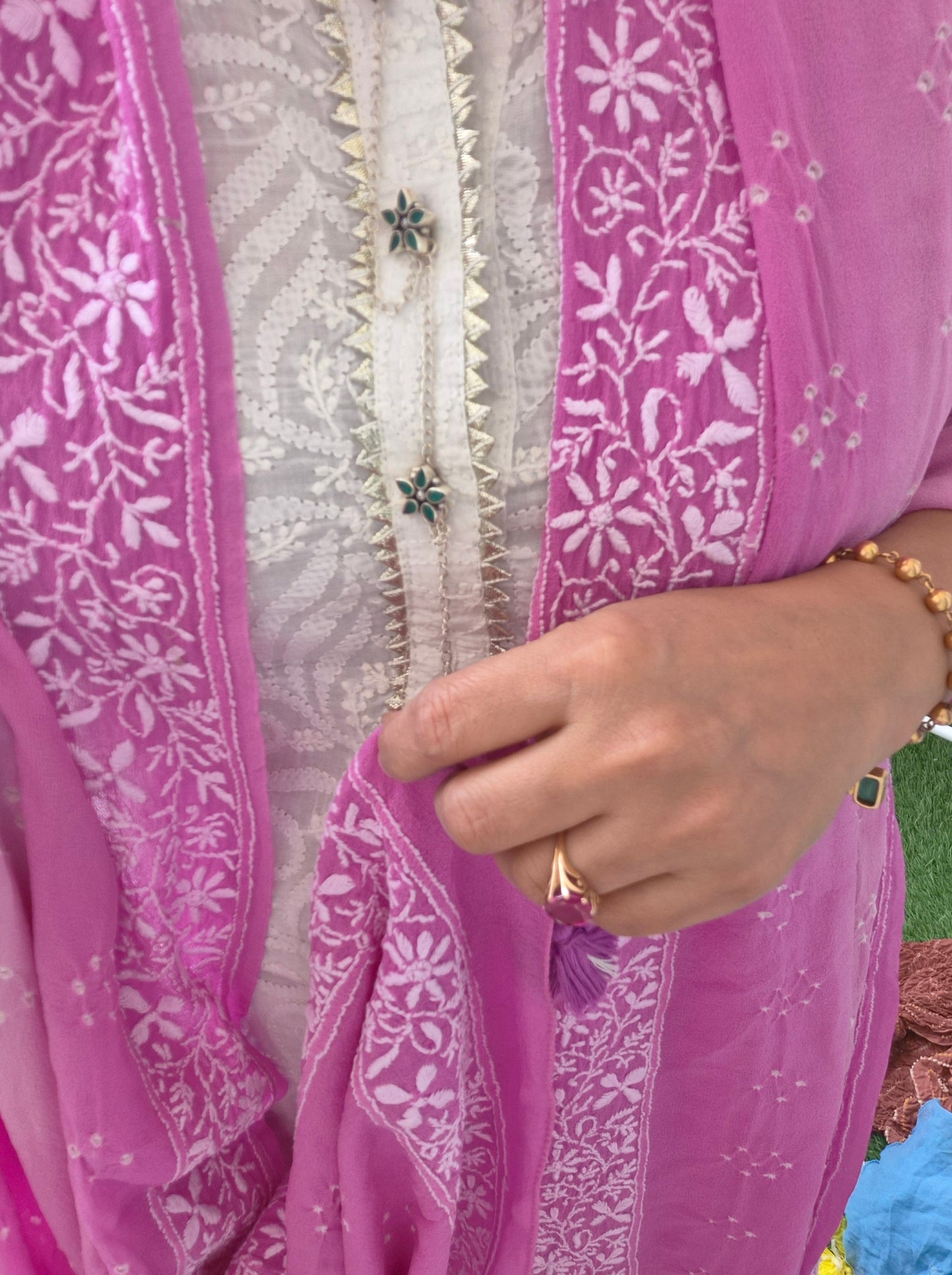 Georgette Bandhani chikankari Dupatta