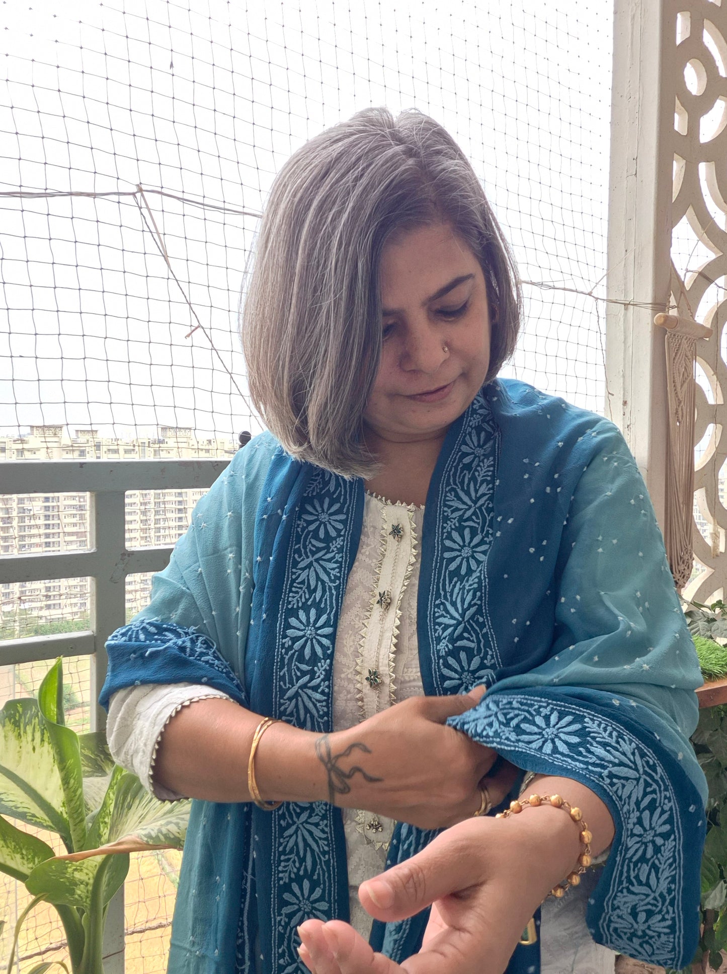 Georgette Bandhani chikankari Dupatta