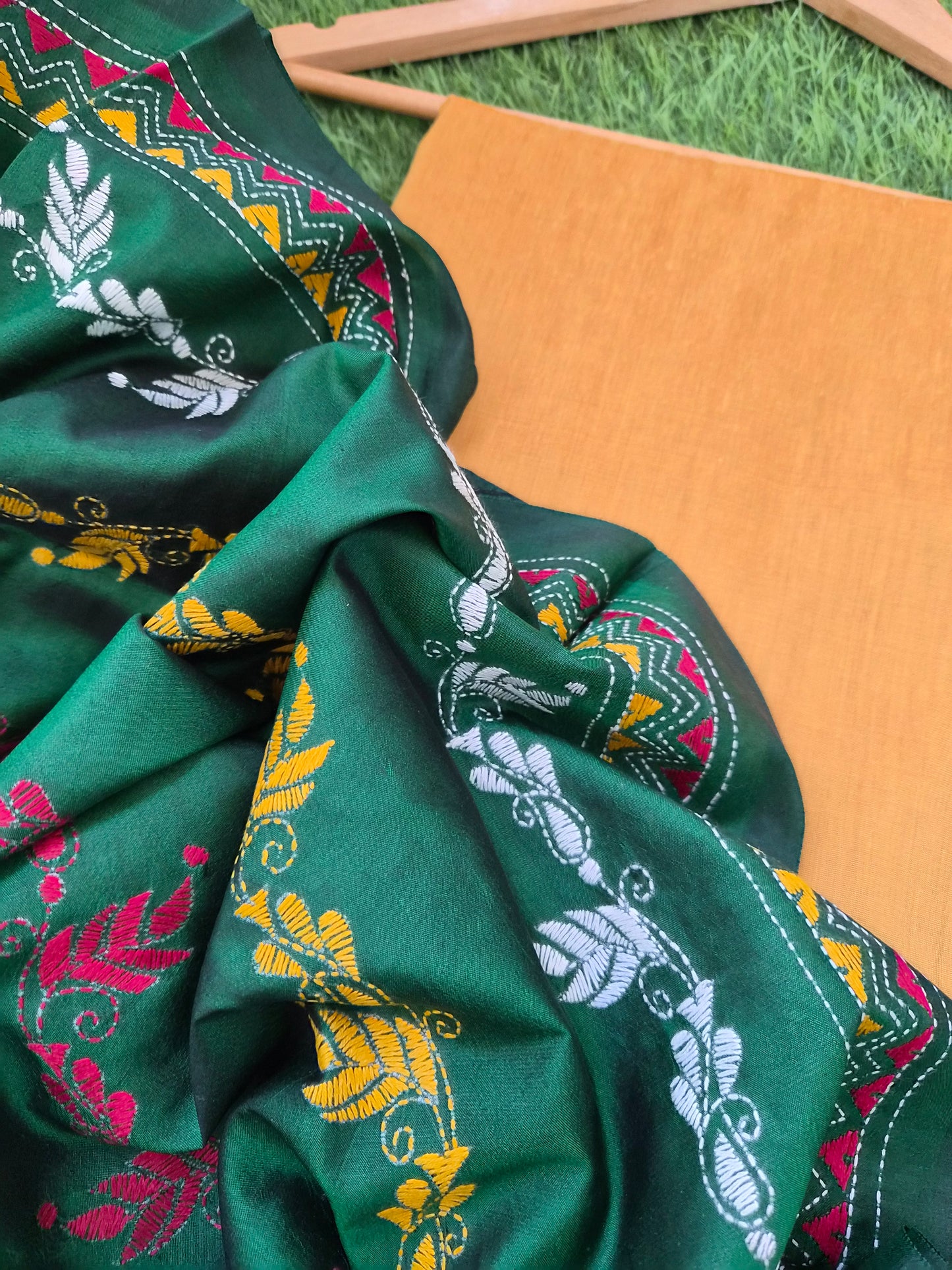 Silk Kantha Dupatta with cotton silk kurta Bottom fabric