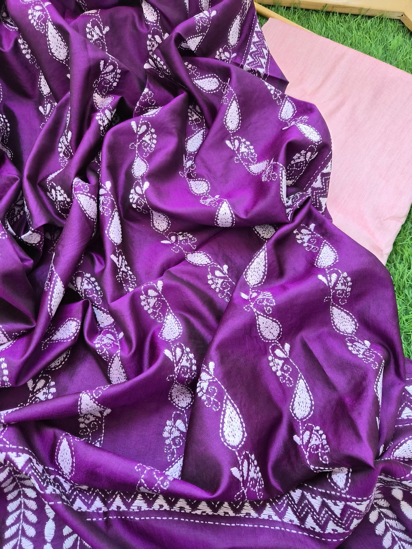 Silk Kantha Dupatta with cotton silk kurta Bottom fabric