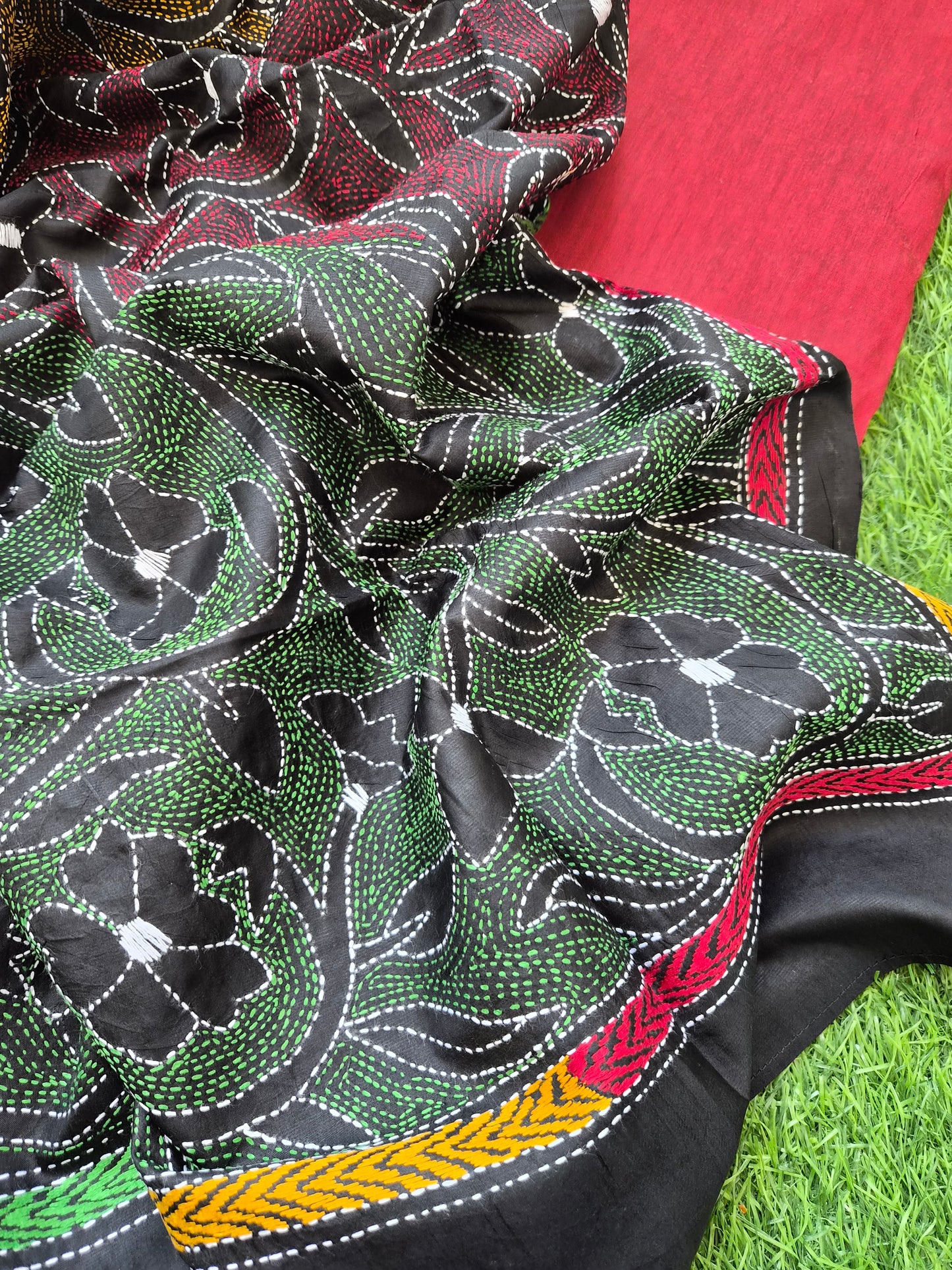 Silk Kantha Dupatta with cotton silk kurta Bottom fabric